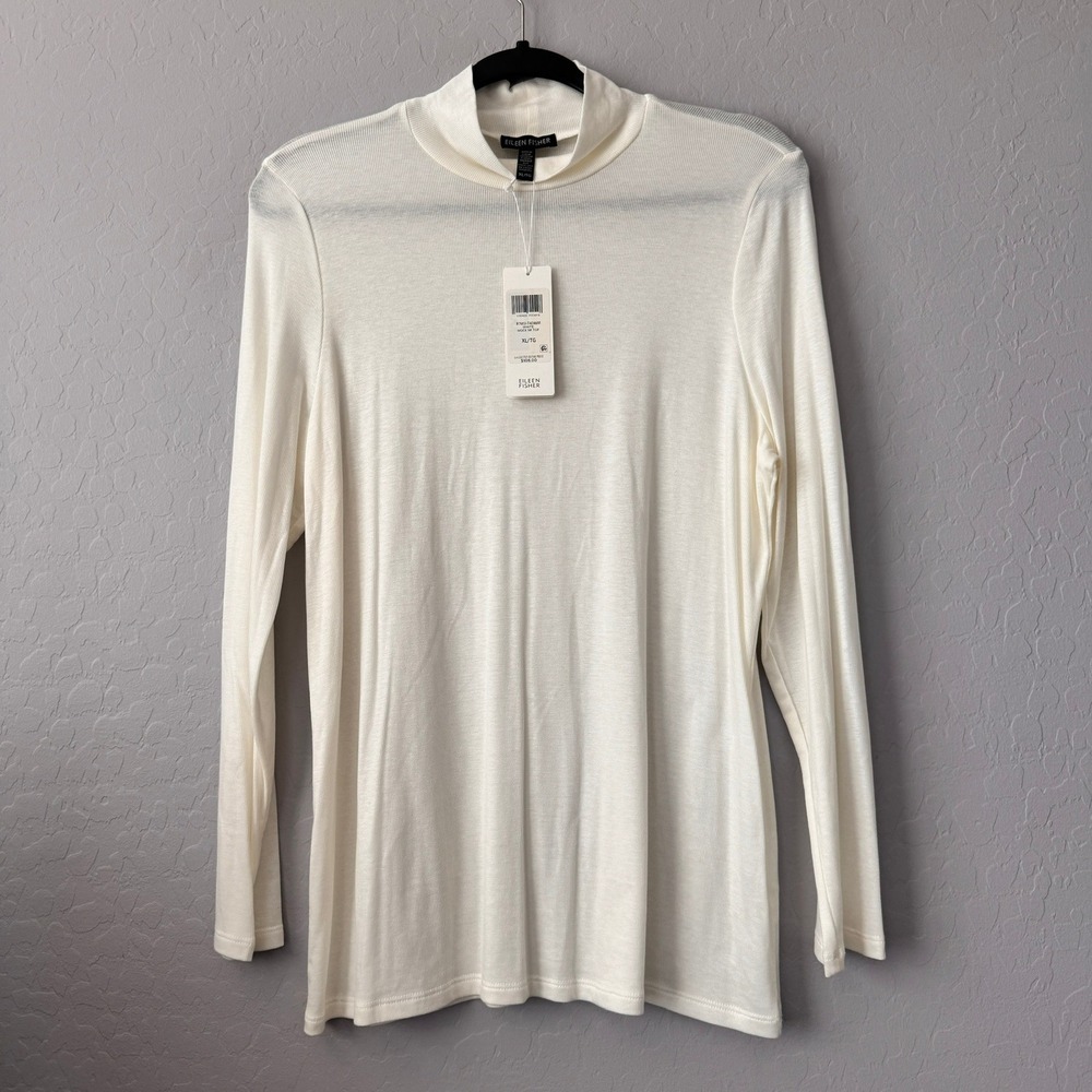 NWT Eileen Fisher XL Mock Neck Top White Long Sleeve Micro Tencel Rib Stretch